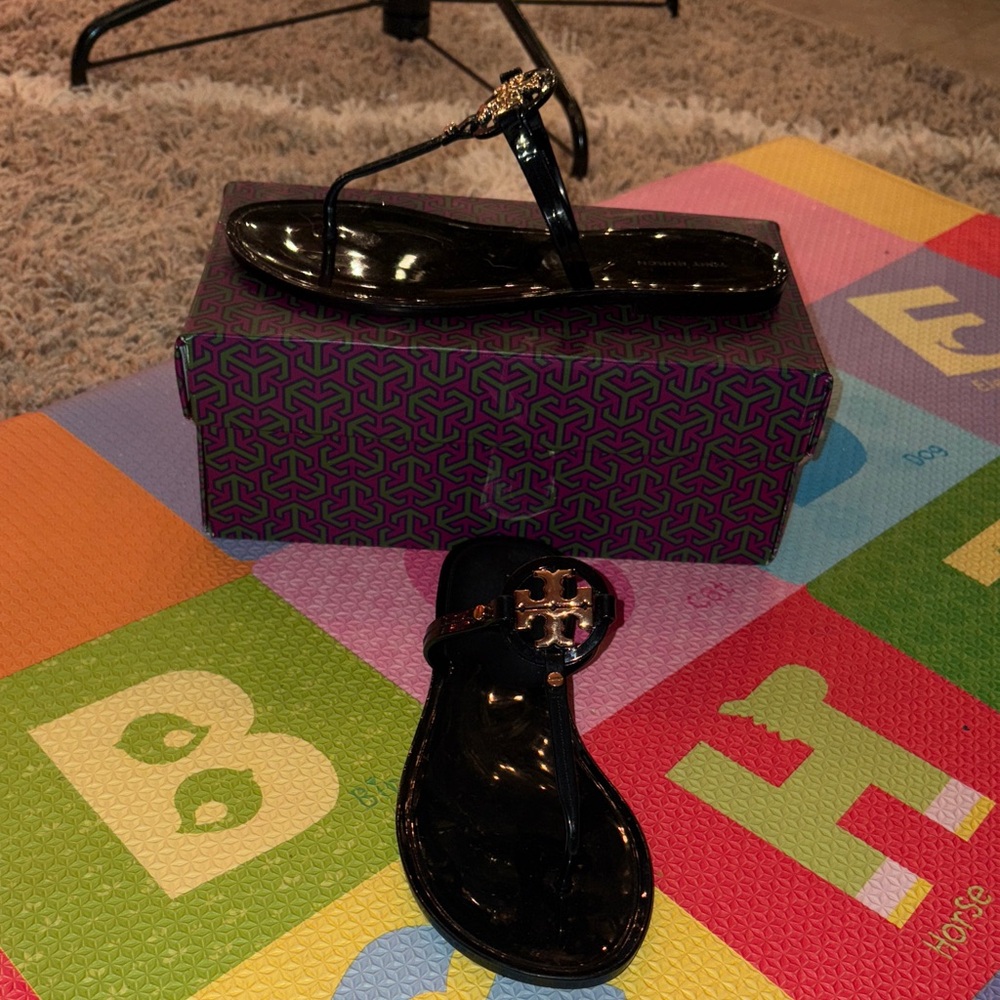 Tory Burch Black Patent Sandals with Gold Accent